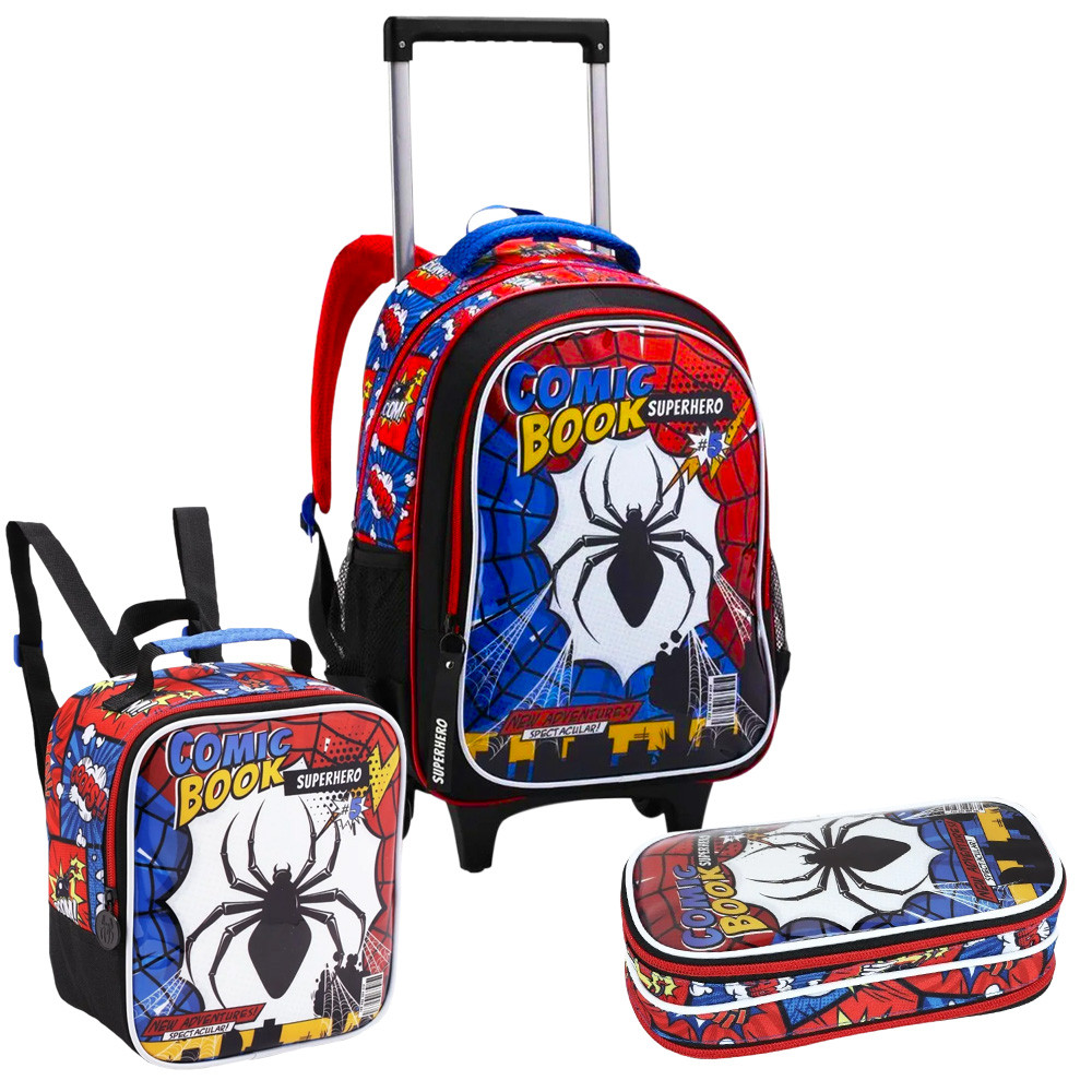 Kit Mochila de Rodinhas Lancheira Estojo Spider Comic Book