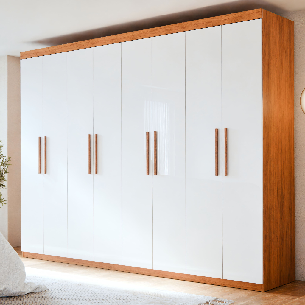 Guarda Roupa Esmeralda De Casal 8 Portas 4 Gavetas 2,08m Com Cabideiro Prateleiras Internas Maleiro