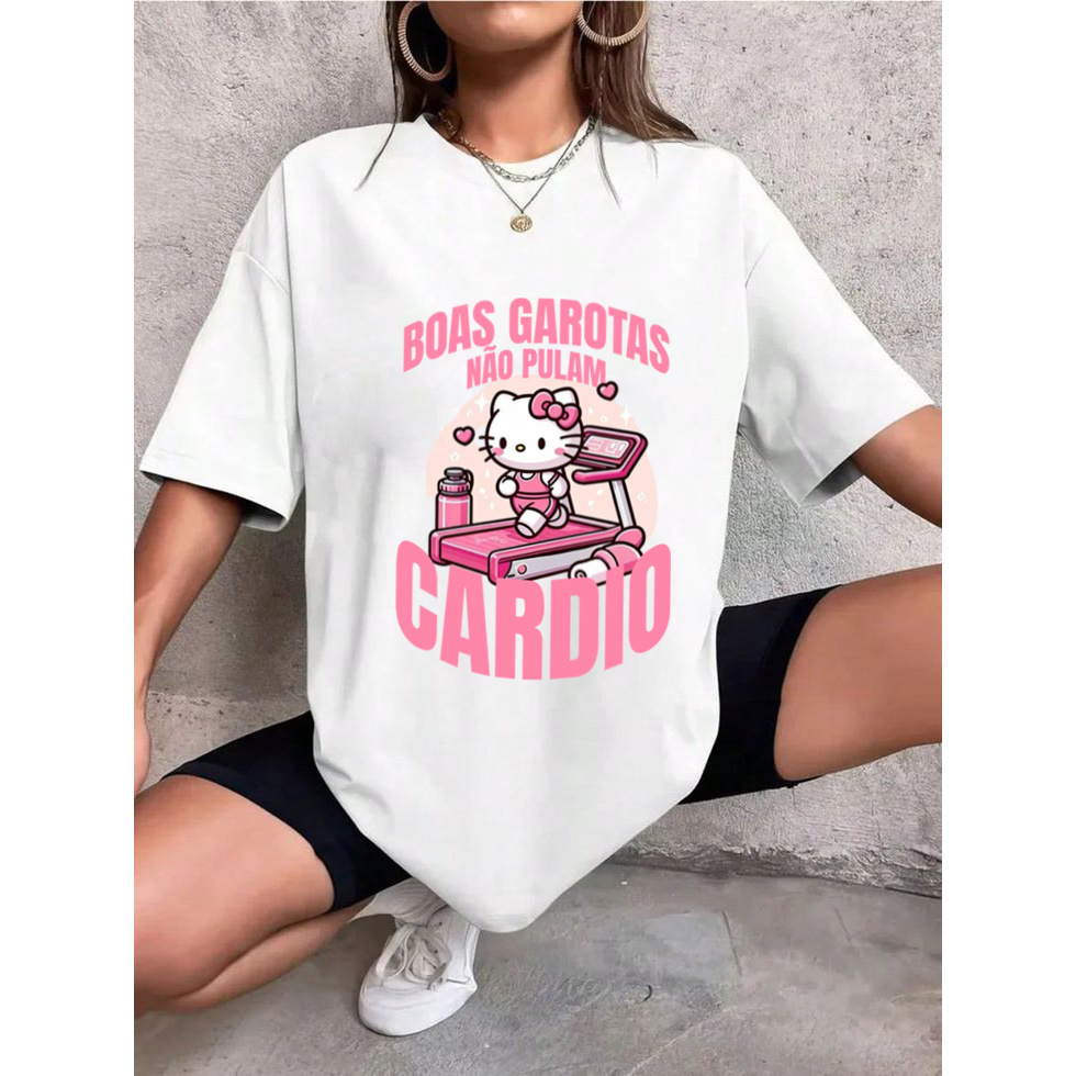 Camiseta Tshirt Oversized 100%Algodão Academia Fitness Gym Treino Musculação Feminina Hello Esteira