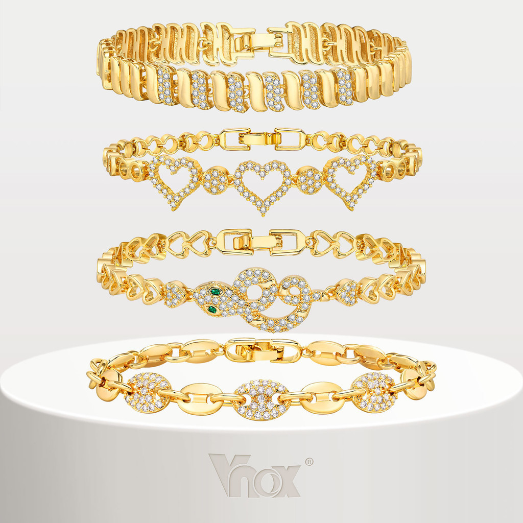 Vnox pulseira de palma White Cubic Zirconia Pulseira De Corrente De Clipes De Papel Cubano Para Mulheres 18k Gold Shiny Heart Infinity Bead Wedding Bracelet
