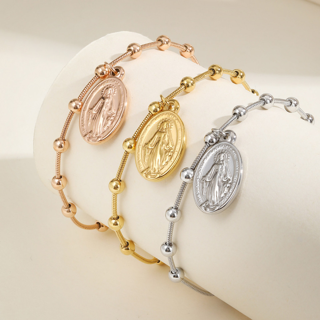 Vnox Virgem Maria Jesus Cruz Pulseira Para Mulheres , Ouro 18k Inoxidável Frisado Corrente De Cobra Não Manchada , Joias