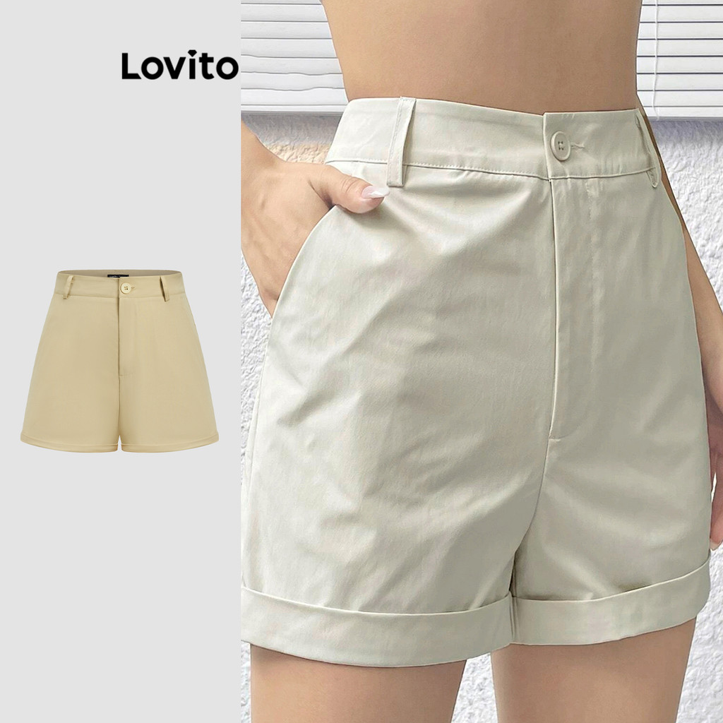 Lovito Shorts Casuais Com Bolso Liso E Shorts Enrolados Para Mulheres L74ED052 (Multicolorido)