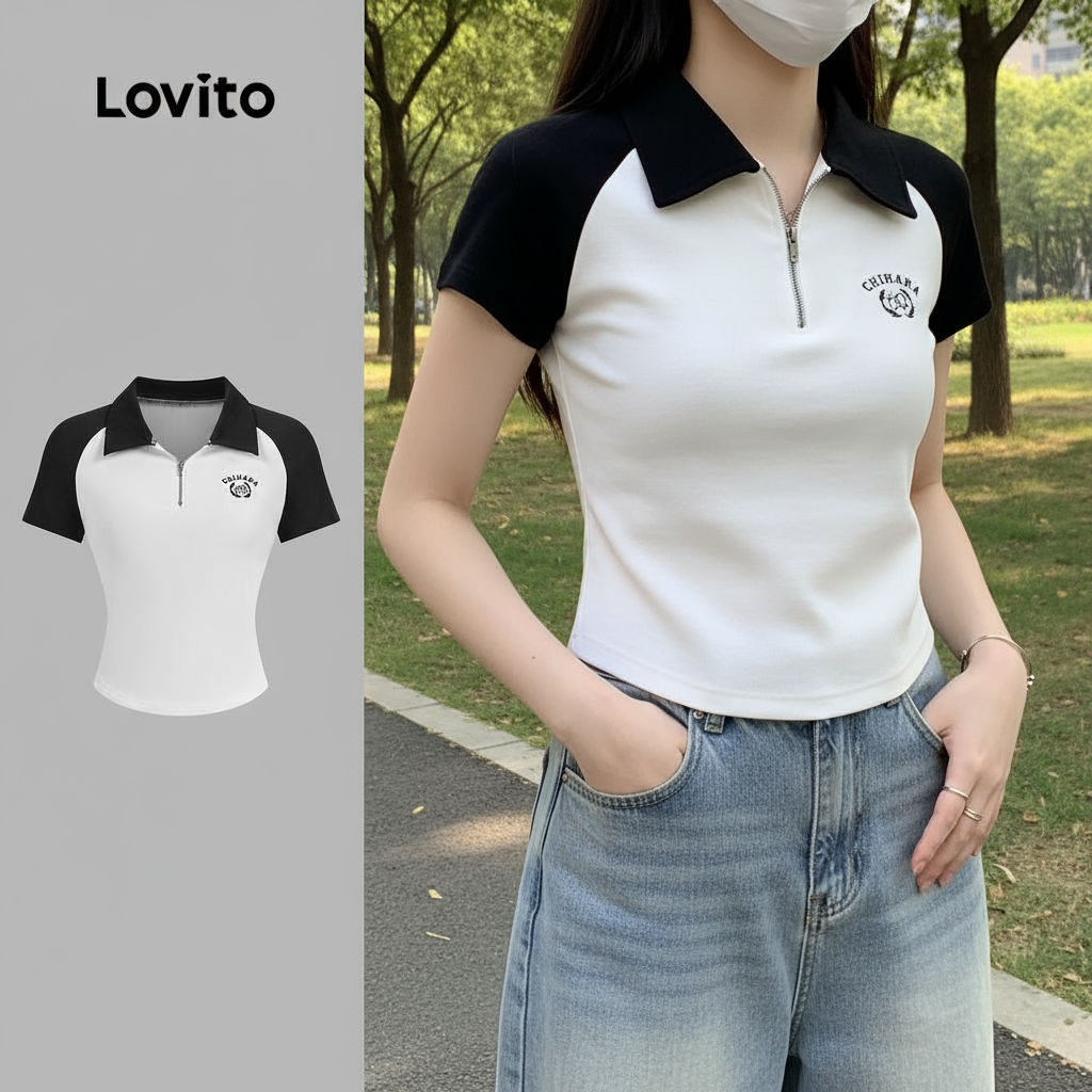 Lovito Camiseta Feminina Casual com Zíper e Cores Contrastantes Preta e Branca para Primavera/Verão L134ED828
