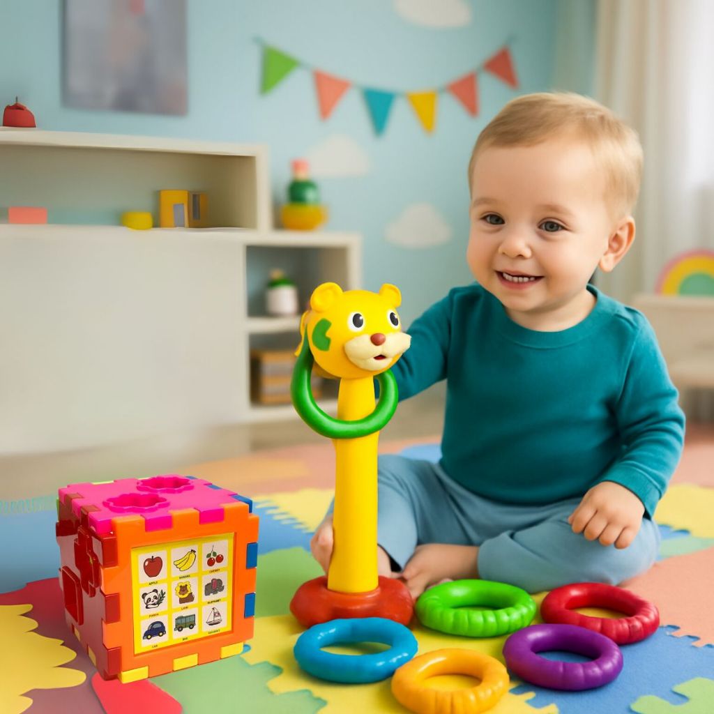 KIT Torre Argola + Cubo Didático Brinquedo Educativo Sensorial Encaixe Torre Divertida Colorida Bebe
