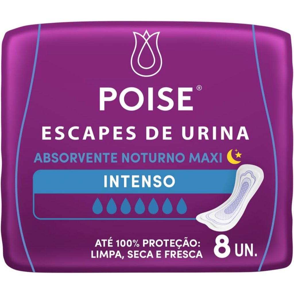 Poise Absorvente Noturno Maxi Fluxo Intenso Sem Abas 8 Unidades