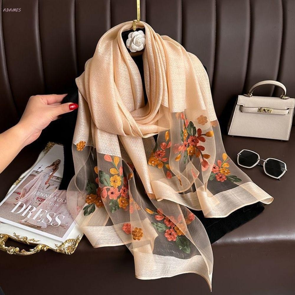 ADAMES Lenço De Seda De Luxo , Xales Hijab Femininos Grandes E Macios , Foulard Flor Bordado Envolve Renda Brilhante