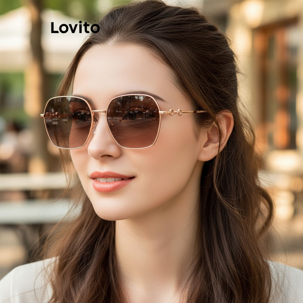 Lovito Óculos de Sol Femininos de Metal Liso Casual LFA06291 - Tan/Preto