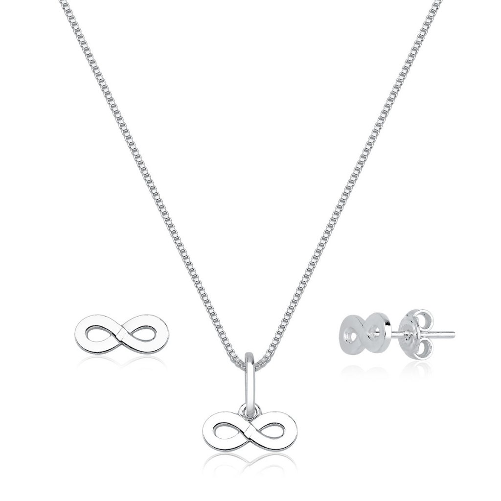 Conjunto Brinco e Colar de Prata 925 Infinito Liso com 45cm
