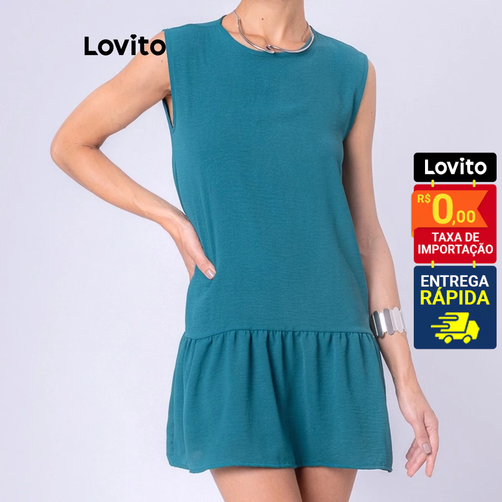 Lovito Vestido Curto Sem Mangas com Babado na Barra Basico Feminino LB107BRL136