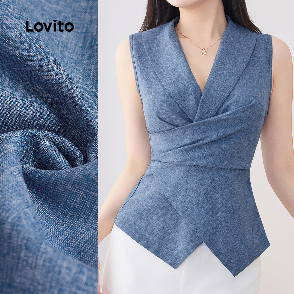 Lovito Regata Casual Assimétrica Plissada Primavera/Verão Azul Regata Para Mulheres L135ED203