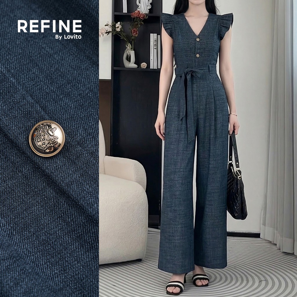 (Refine by Lovito) Macacão Elegante Azul Marinho Com Botões Frontais E Cinto Ideal Para Todas As Estações LR13L066