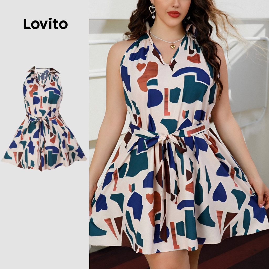 Lovito Vestido Plus Size Curva Casual Geométrico Com Cinto Dividido Na Frente Primavera E Verão Para Mulheres LBL19103