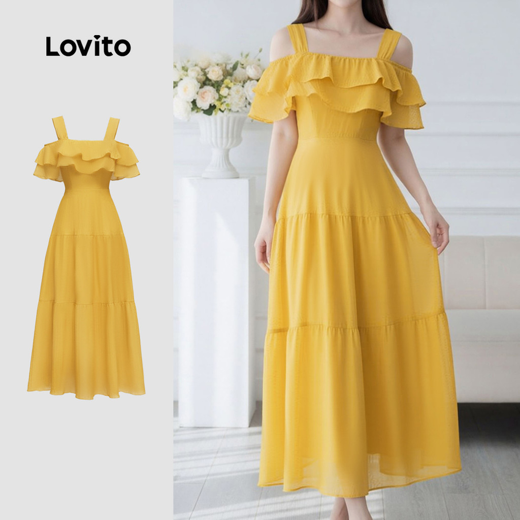Lovito Vestido Feminino Elegante com Babados em Camadas Confortável e Estiloso Amarelo Primavera/Verão LK4ED1770