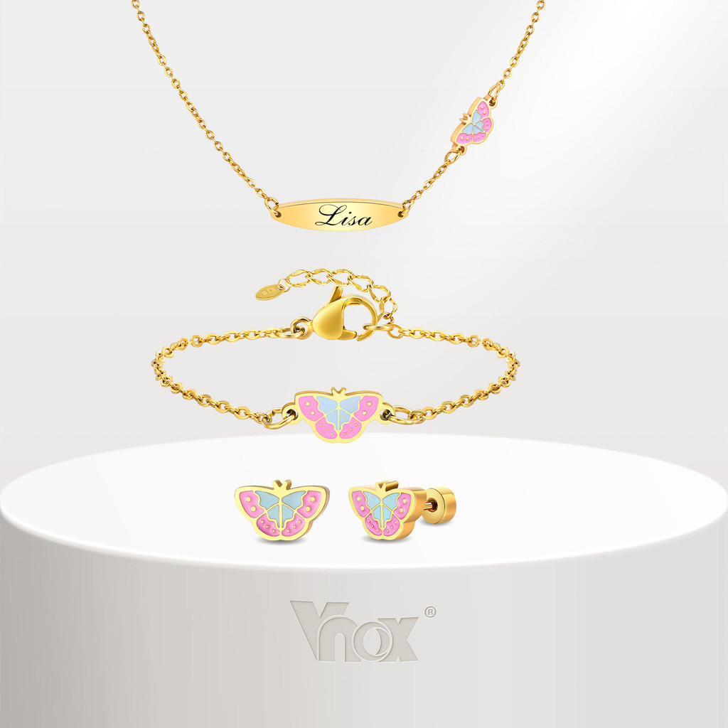 Vnox Crianças Rosa Borboleta Colar Pulseira Eerring Conjunto , De Jóias De Ouro Personalizado Para Bebê Menina Menino Re