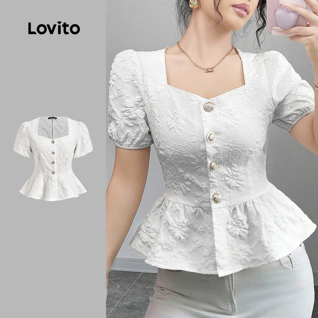 Lovito Blusa Casual de Jacquard com bainha lisa e babados para mulheres L129ED466