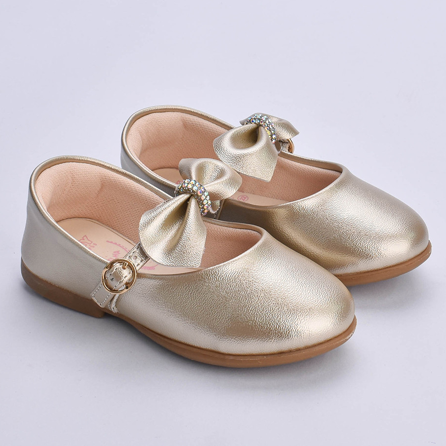 Sapatilha Menina Kidy Baby Laço Strass Ouro Metalizada Fivela Casual Elegante Confortável Anatômica