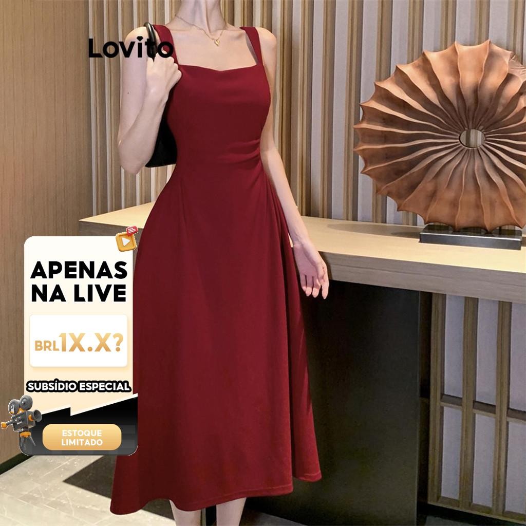 (LIVE STREAM SALE) Lovito Vestido casual liso plissado com estrutura estruturada para mulheres LNE55534