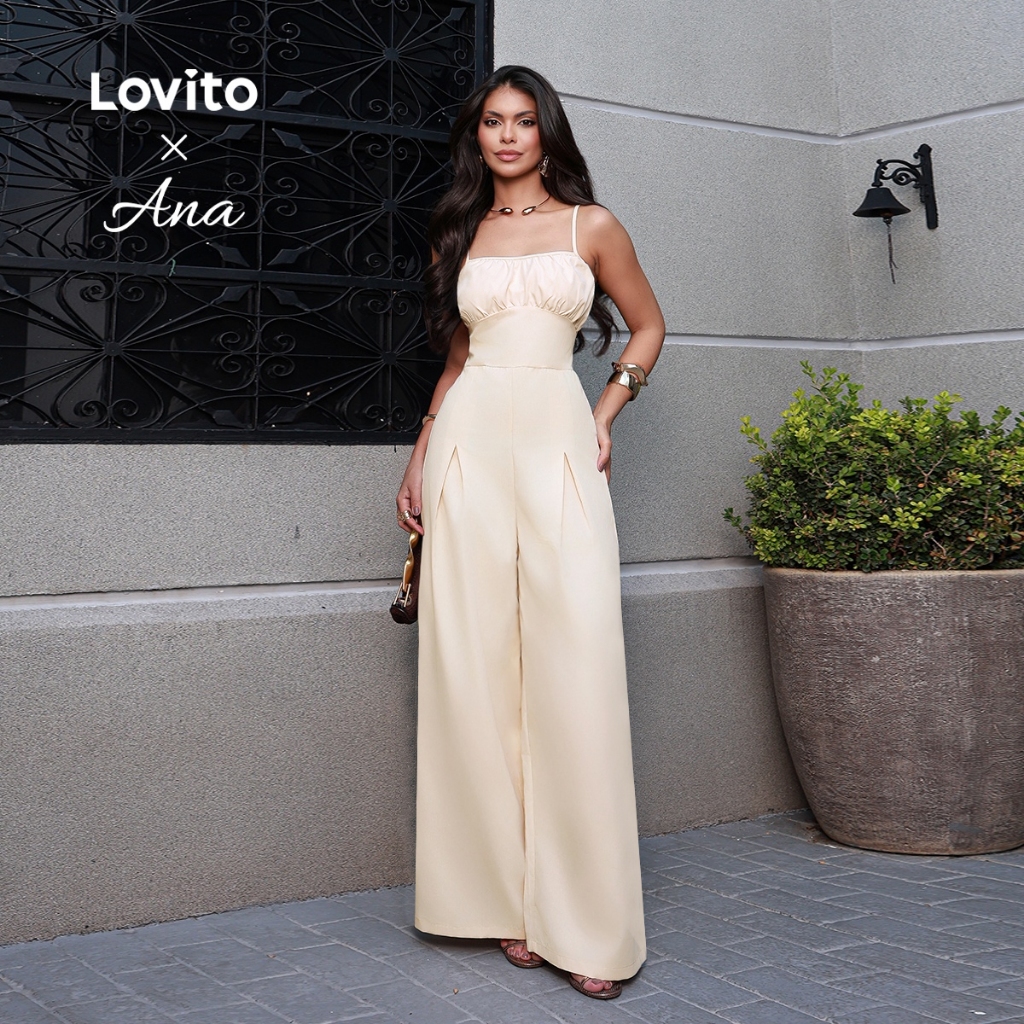 (Lovito x Ana) Macacão feminino elegante com zíper e pregas lisas L128ED177