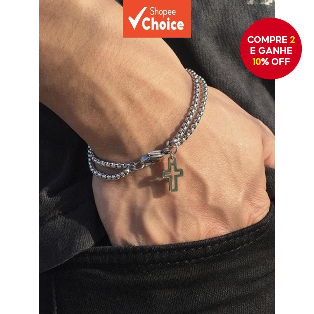 Pulseira de corrente dupla em liga para homens com pingente cruzado e fecho de garra
