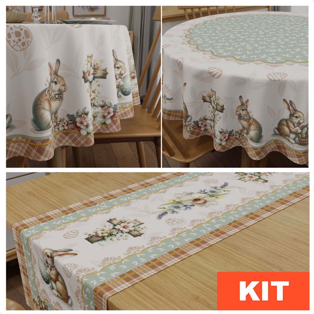 Kit Toalha de Mesa Redonda Páscoa e Trilho Caminho de Mesa Estampado - Mesa Posta