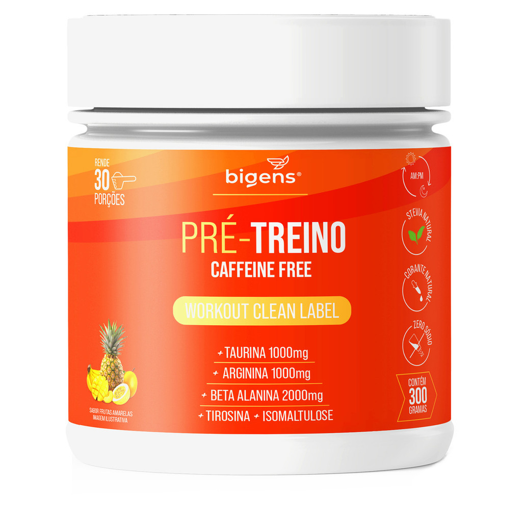 Pré-Treino Sem Cafeína 300g – Frutas Amarelas – Caffeine Free, Natural, 30 Doses