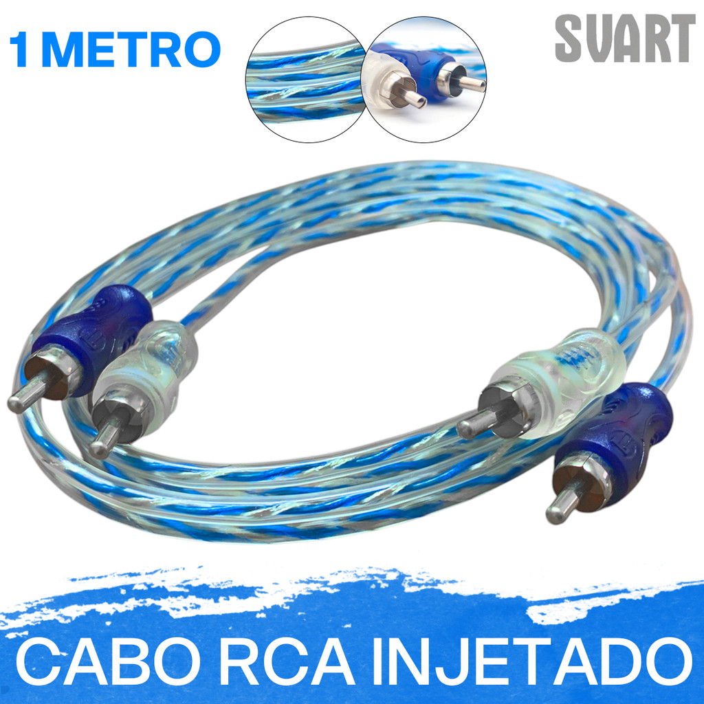 Cabo Rca Injetado Techone Svart 1 Metros 4mm Flexível Transparente Azul/Prata Som Automotivo Plug de Metal Níquel
