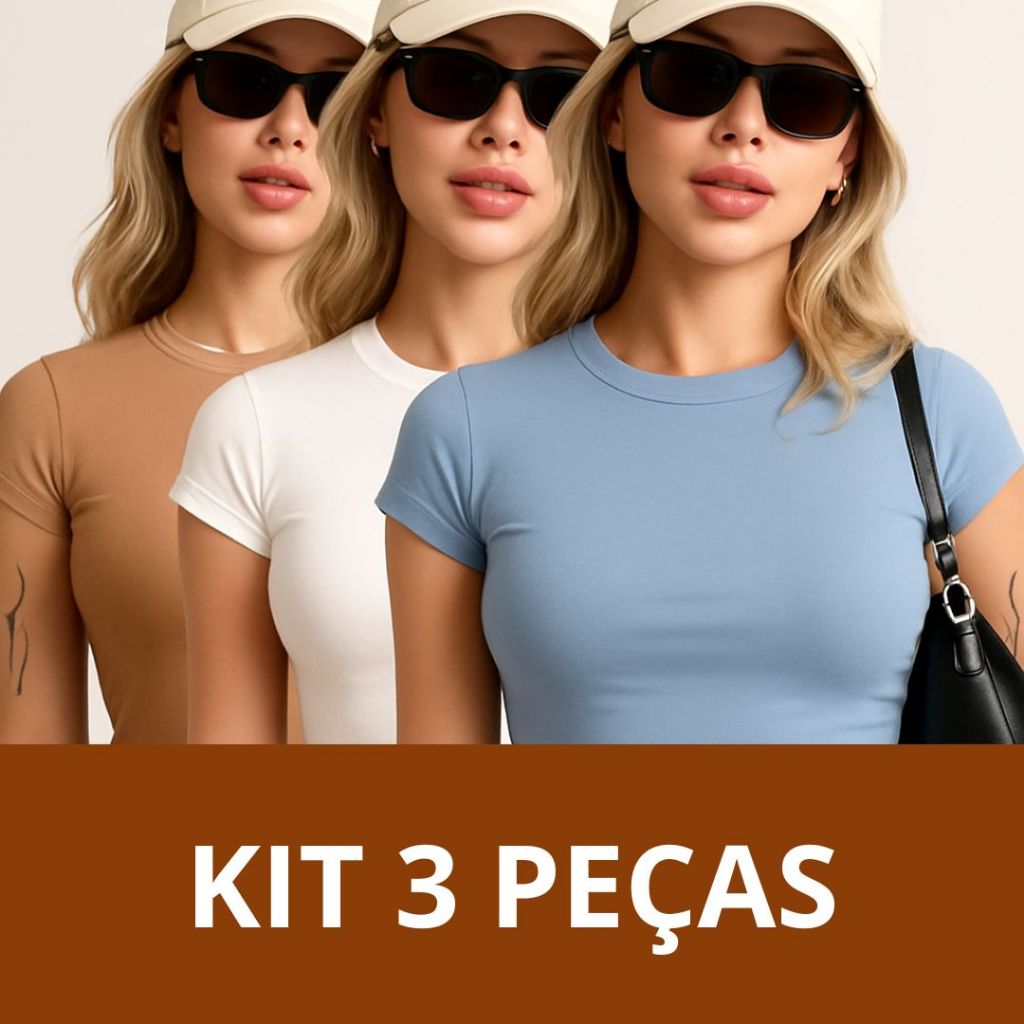 Kit 03 Blusa Baby Tee Baby Look Manga Curta Academia Slim Fit Moda Gringa