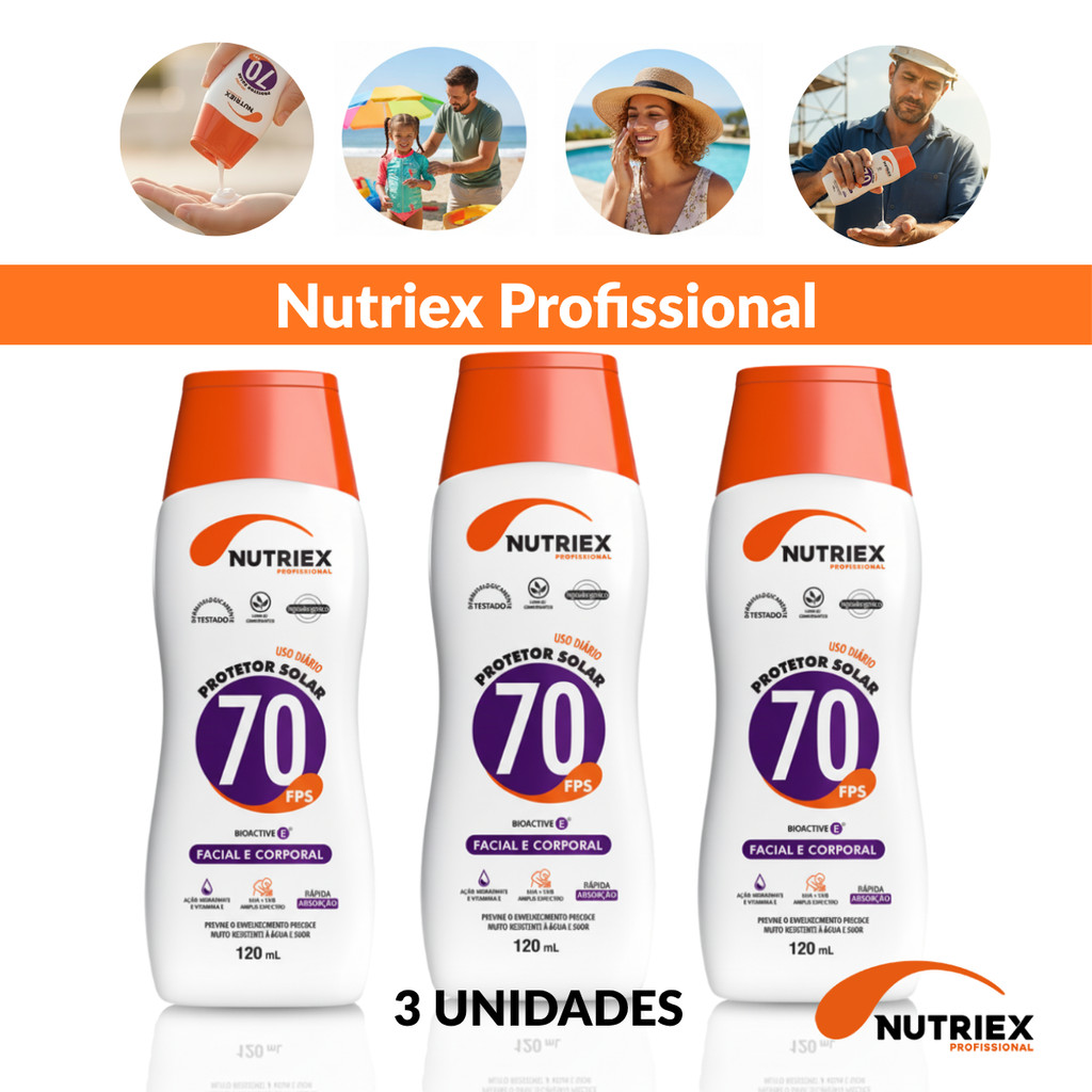Kit 3 Unidades Protetor Solar Nutriex FPS70 120ml Facial Corporal Resistente Água e Suor