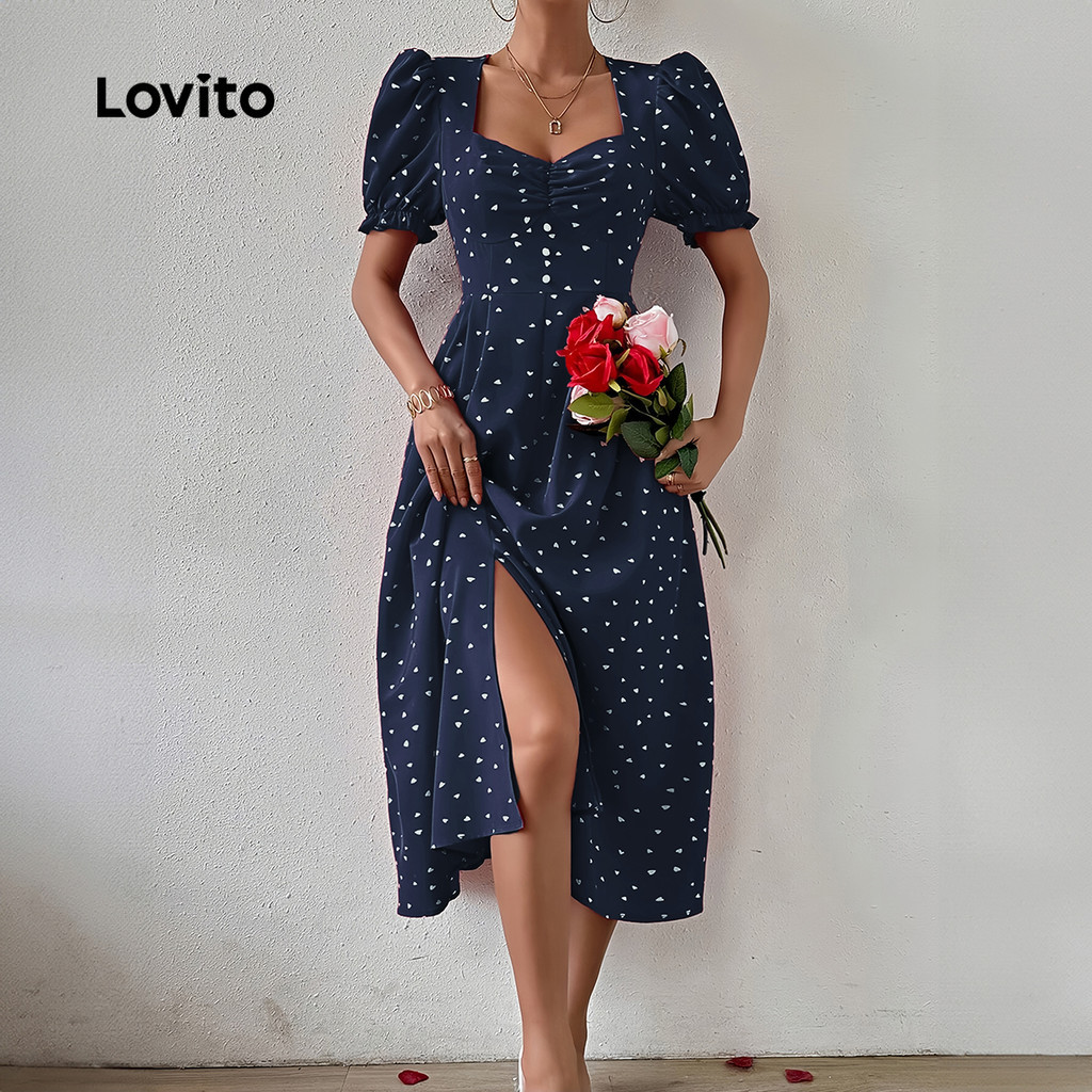 (Trendy) Lovito Vestido Casual em formato de coração com botão frontal redondo e mangas bufantes para mulheres LBL23193