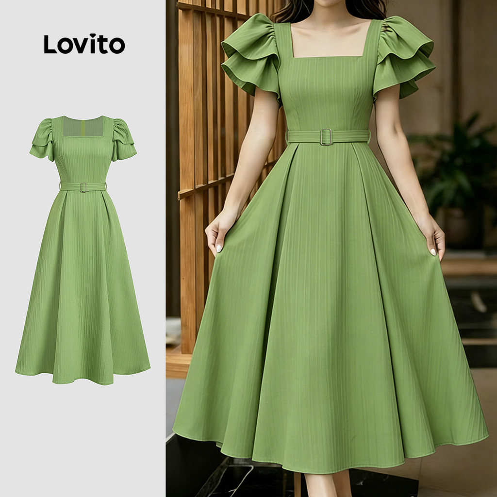 Lovito Vestido Elegante com Cinto Camadas Duplas Primavera/verão Verde para Mulheres LBL33124