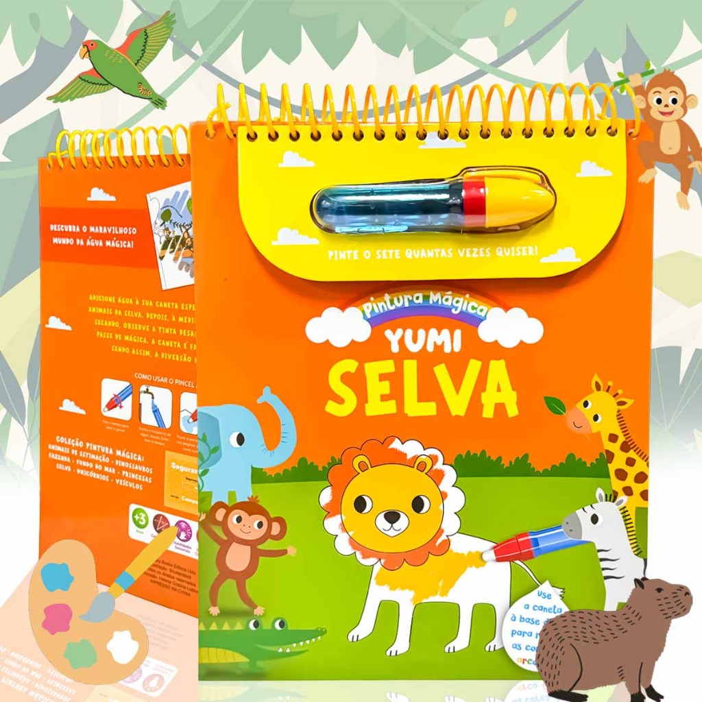 Livro Infantil Pinte Com Água Animais Da Selva | Acompanha Pincel Para Crianças - Capa Dura Espiral