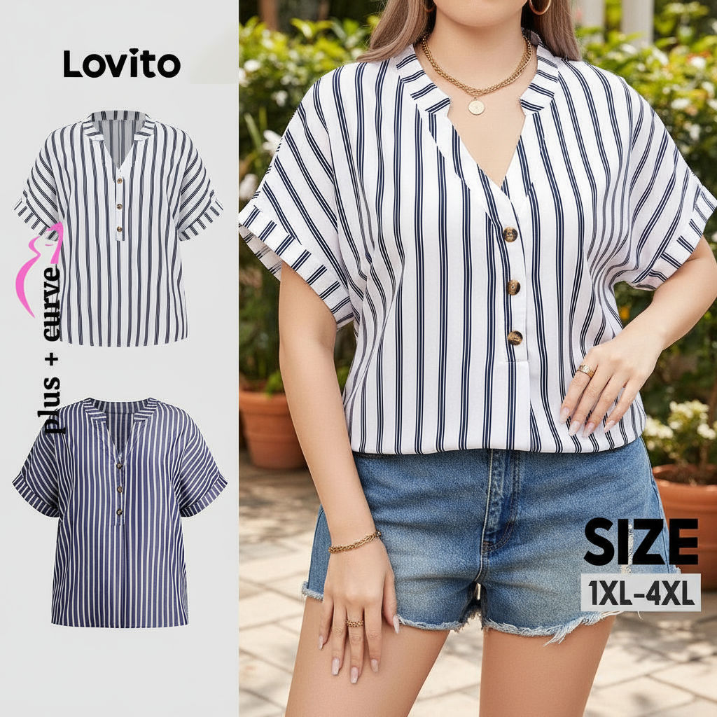 Blusa Feminina Plus Size Lovito Listrada com Botões para Verão e Primavera LBL19291