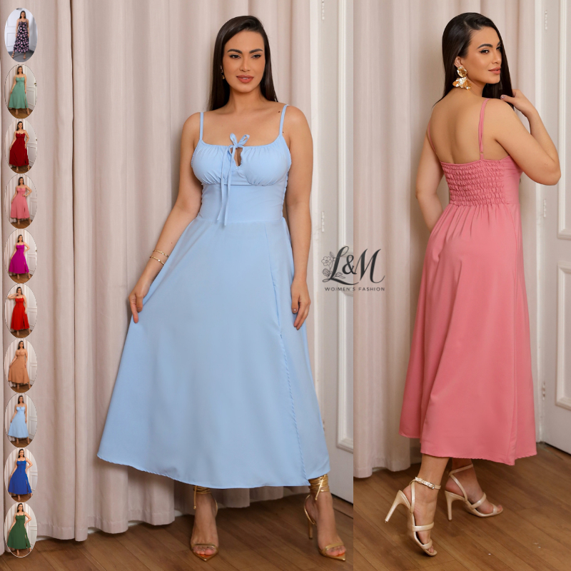 Vestido Feminino Mídi Romântico Verão Liso com Alça e Abertura na Saia Com Bojo