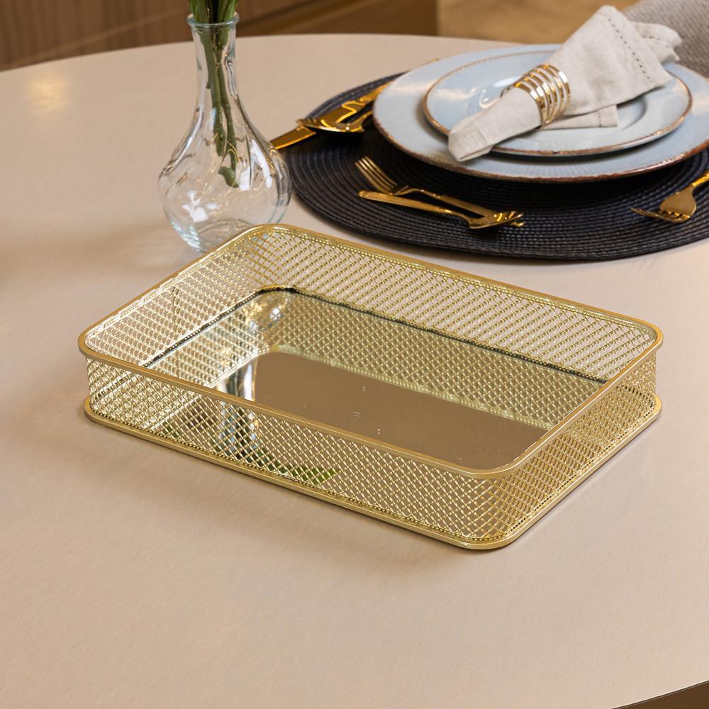 Bandeja com Espelho Elise 31cm x 21cm x 5cm Dourada Metal