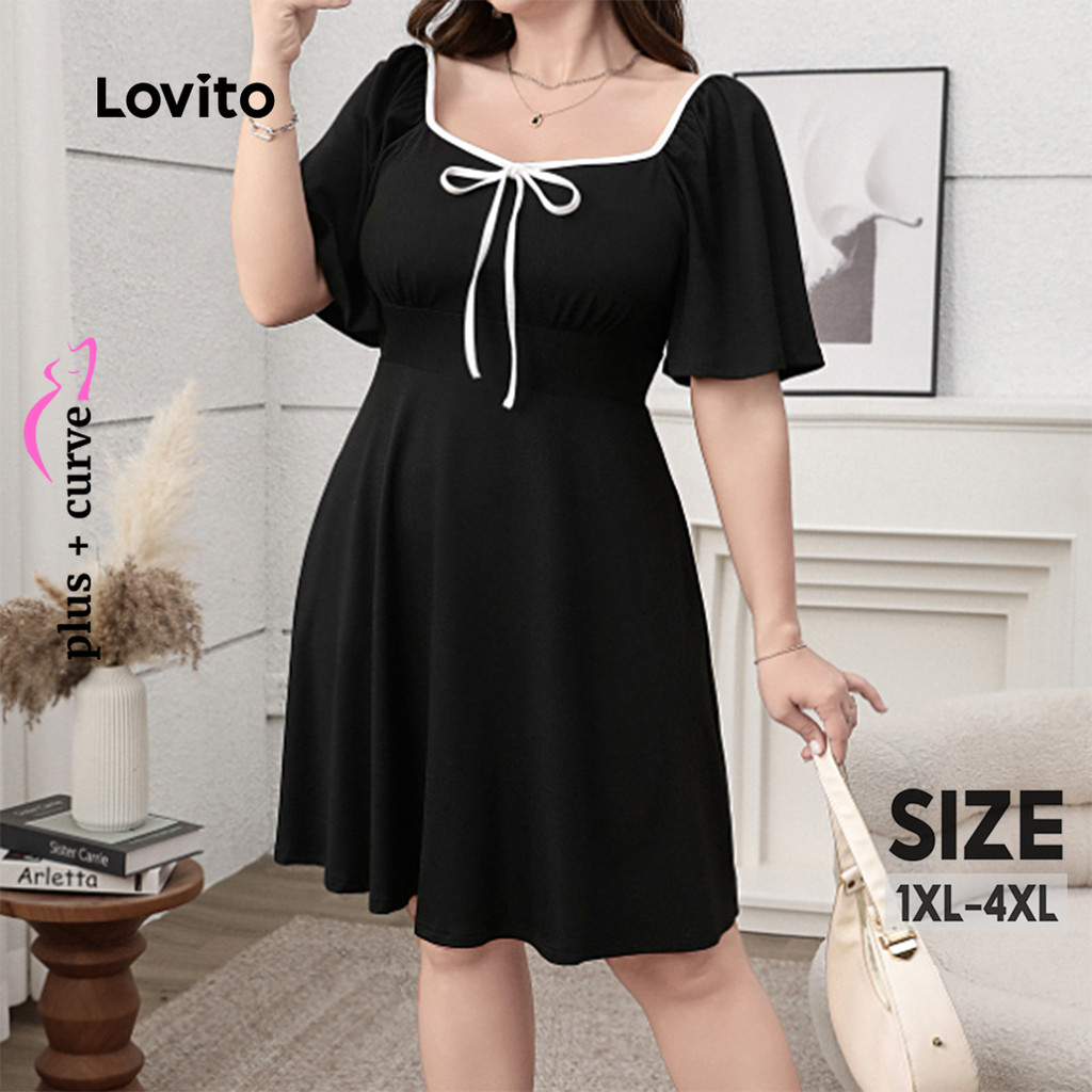 Lovito Vestido Plus Size Curve Casual Liso Contrastante Com Laço Primavera/verão Azul Escuro Para Mulheres LNE103041