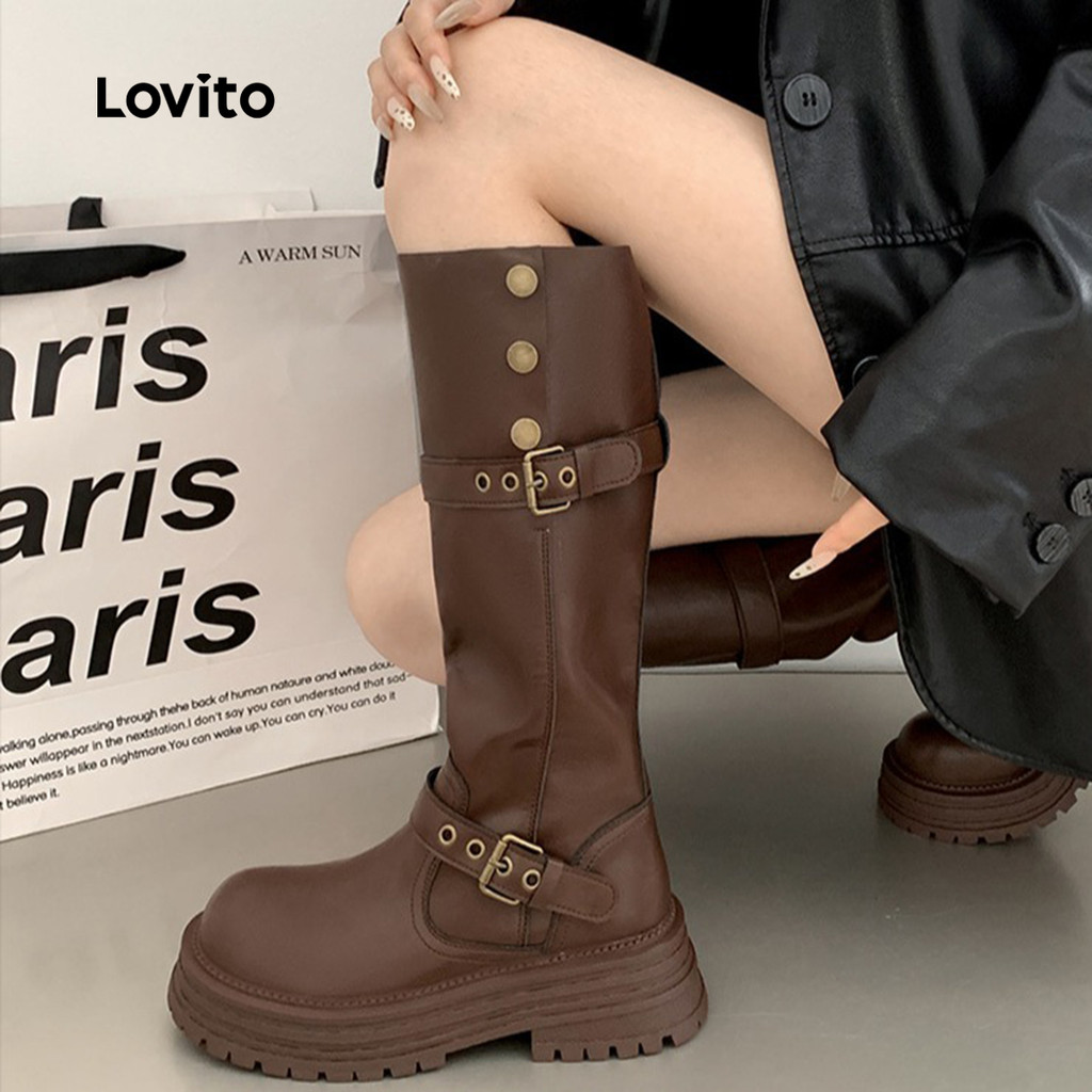 Lovito Botas Casuais com Plataforma Sapatos Retrô para Todas As Estações Botas Pretas para mulheres LFA86075
