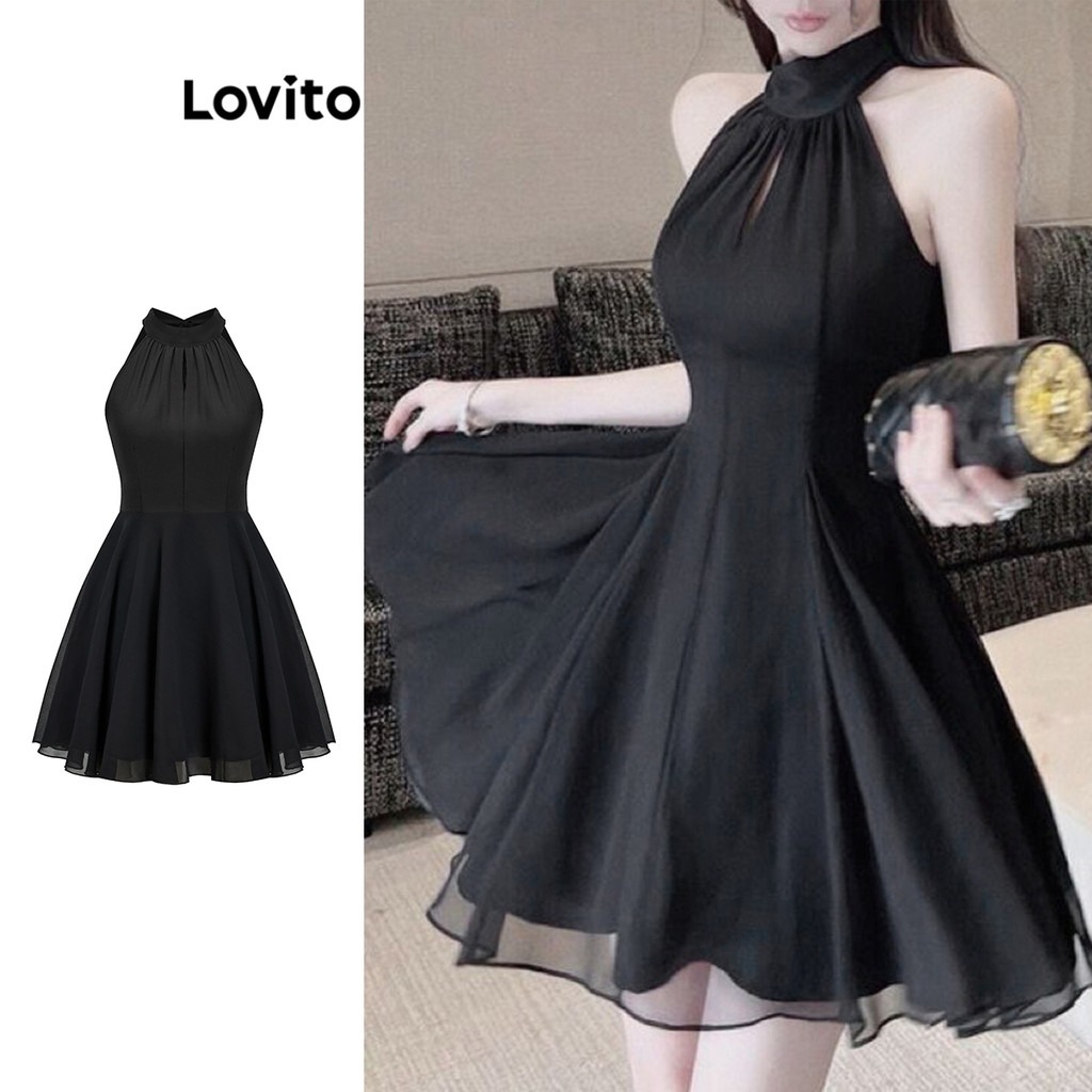(Trendy) Lovito Vestido Elegante Liso De Camada Dupla Com Amarração Nas Costas Para Mulheres L80ED448