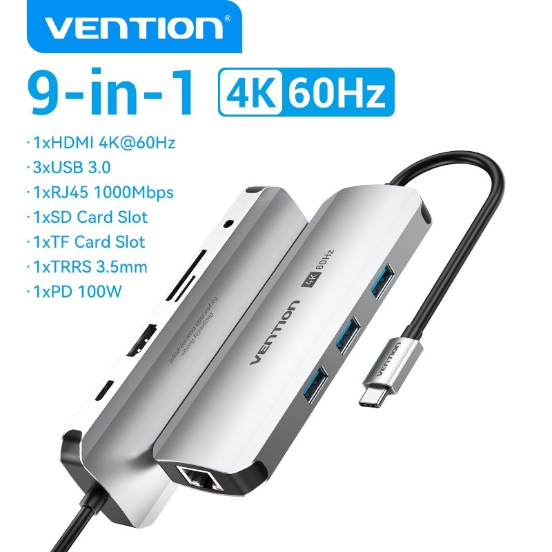 Vention USB C Hub 9 Em 1 Type 4K 60Hz HDMI VGA 3 Portas 3.0 Para RJ45 Adaptador De Estação De Acoplamento Ethernet Lapto