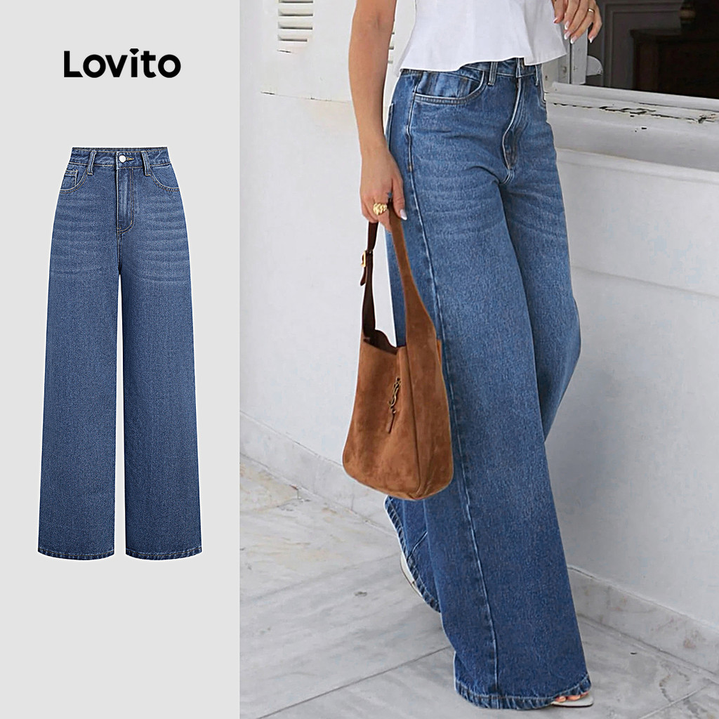 Lovito Jeans Casuais Lavados com Zíper Bolso Primavera/verão Jeans Azul para Mulheres L177ED251