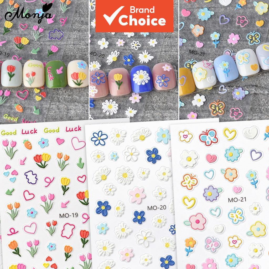 Monja 6 Opções Adesivos 3D para Unhas, Série Flor Relevo, Decalques Adesivos com Padrão de Folha Floral, Coelho e