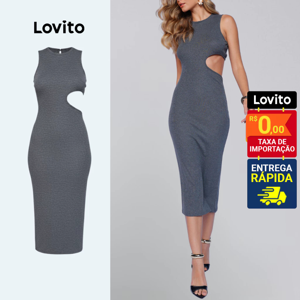 Lovito Vestido Midi Lapis Sem Mangas Recorte na Cintura Casual Liso Feminino LB933BRL963