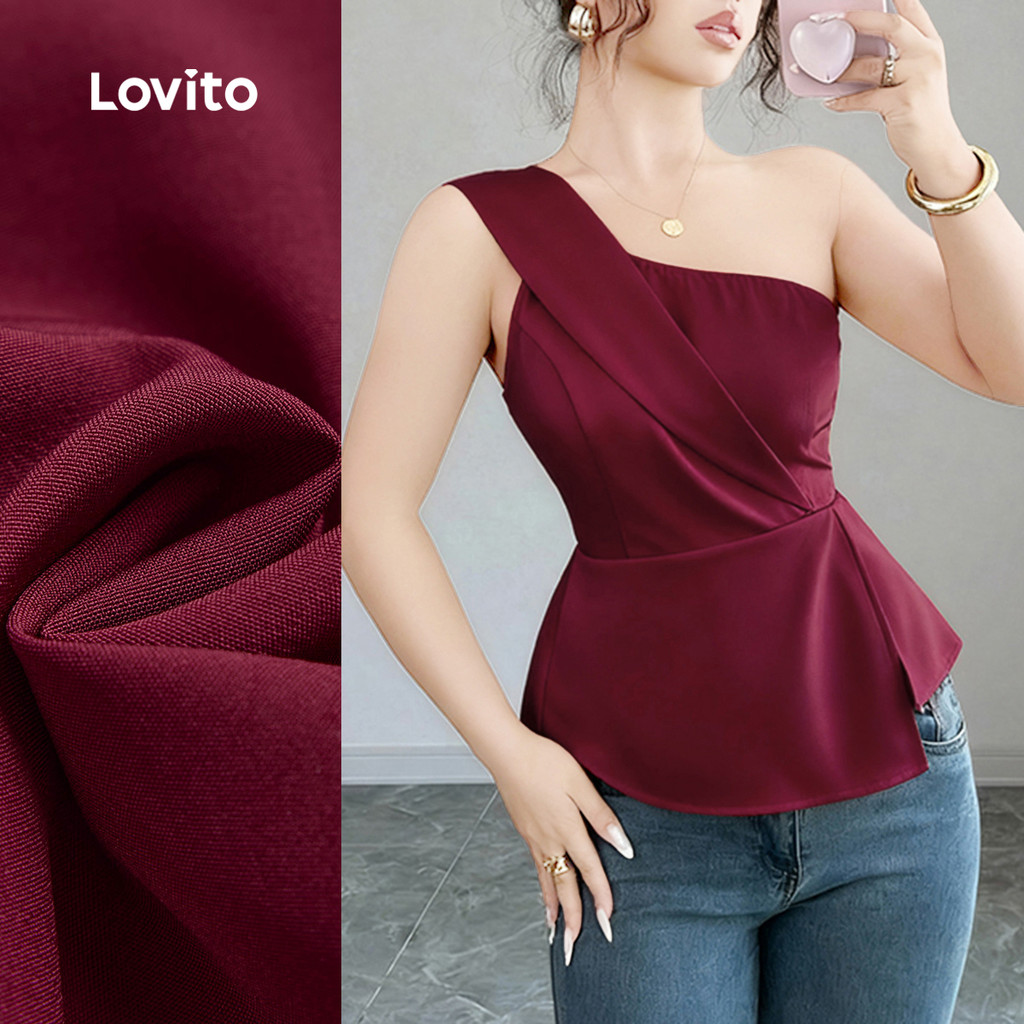 (NEW) Lovito Blusa Casual Assimétrica com Franzido e Fenda Primavera/verão Vinho para mulheres L155AD298