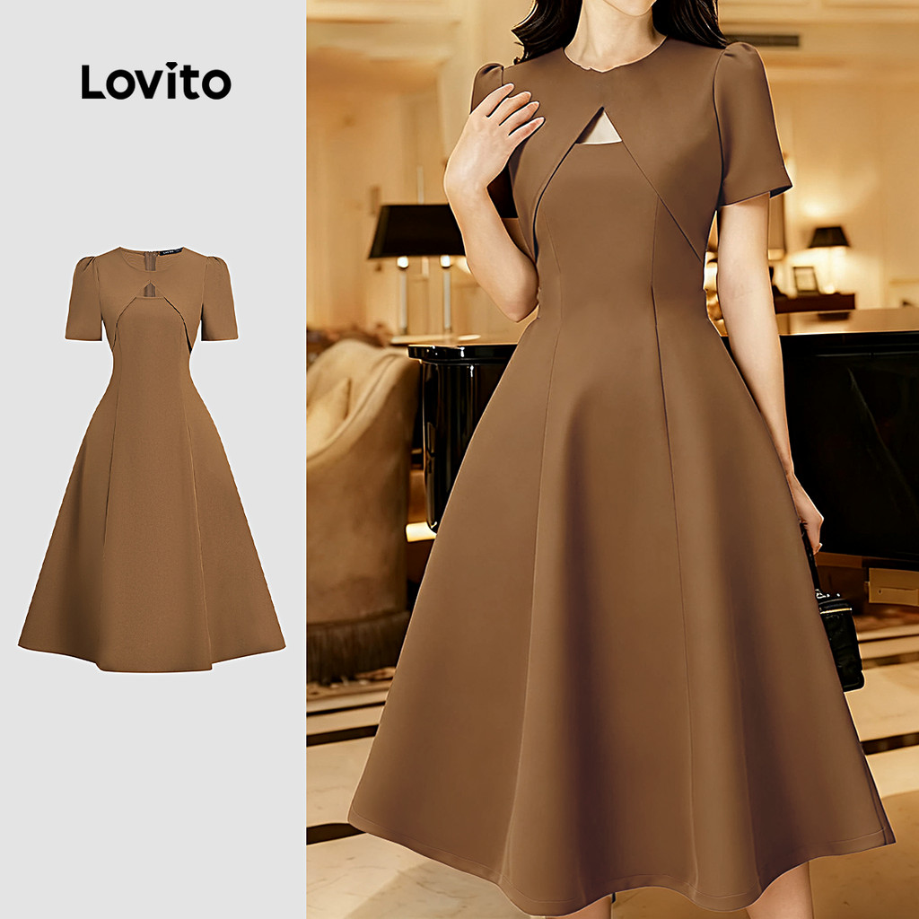Lovito Vestido Elegante com Zíper para Primavera/verão Vestido Marrom para Mulheres L154ED242