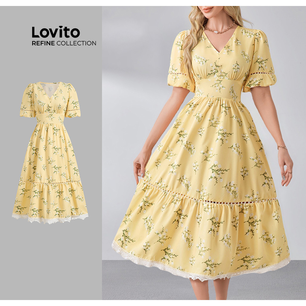 (NEW) (Refine by Lovito) Vestido com Zíper Golas Franzidas Dupla Camada Primavera/verão Vestido amarelo LR13L170