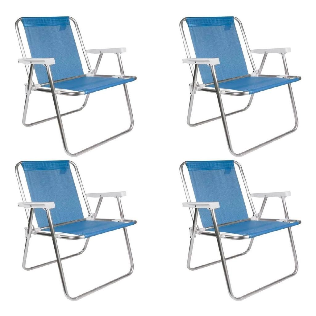 Cadeiras de Praia Alta Alumínio Azul Sannet Kit 4 Peças Leves e Dobráveis Resistente
