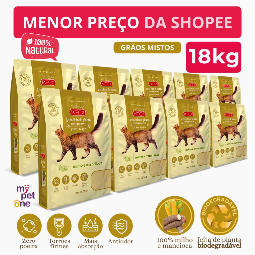 Kit 9 Areia Biodegradável Kadi Grãos Mistos - 2Kg