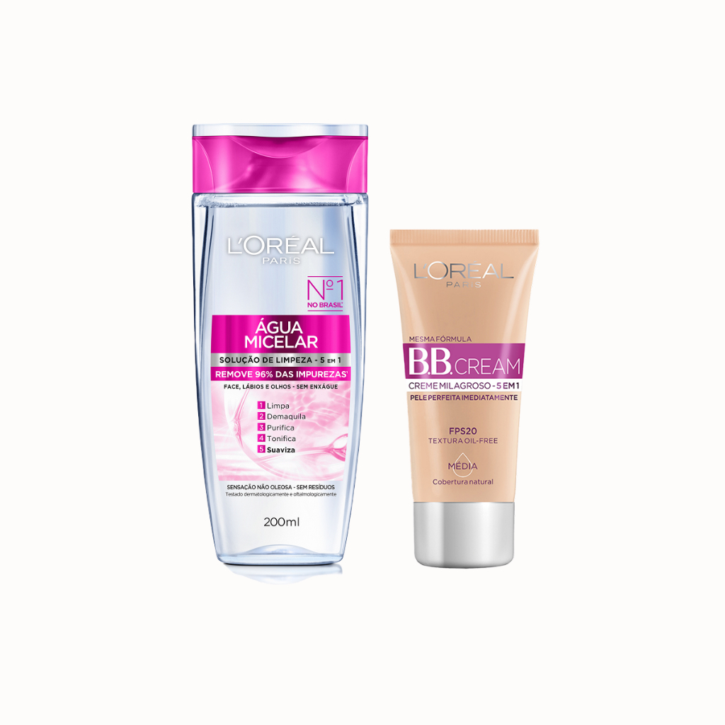 Kit Loreal Paris Água Micelar 5 em 1 - 200ml + Base BB Cream Cor Média FPS20