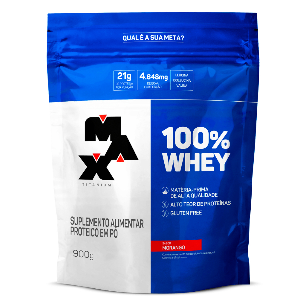 Max Titanium 100% Whey Protein Concentrado Refil 900g Sabor Morango
