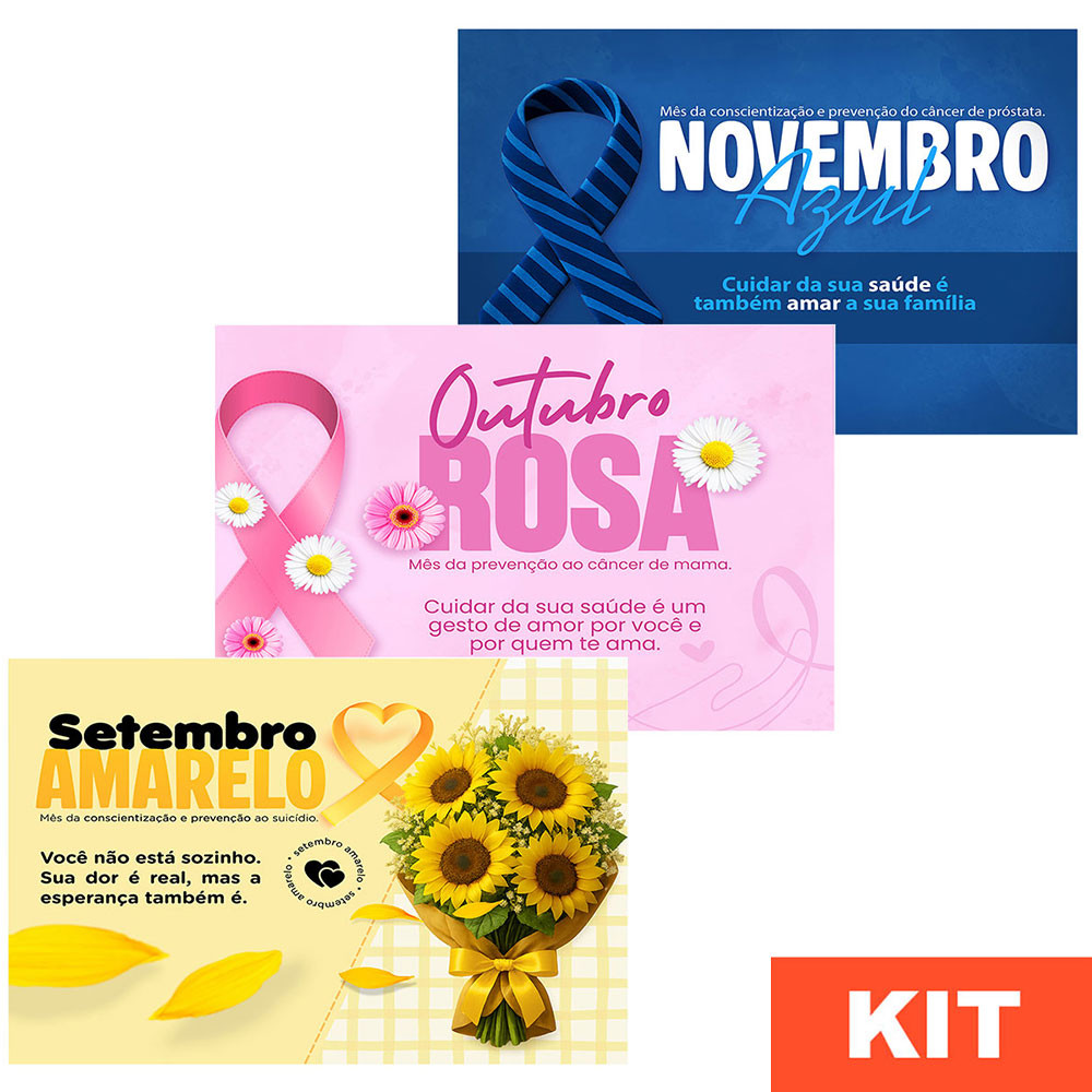 Kit Painel de Festa Setembro Amarelo + Outubro Rosa + Novembro Azul Retangular Horizontal Tecido Sublimado