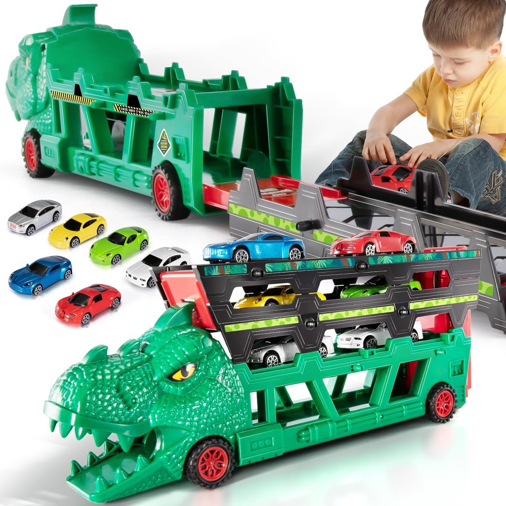 Carrinho Caminhão Carreta Cegonha Leva Carros Dinossauro Com Carrinhos Com Pista Infantil Kizumba